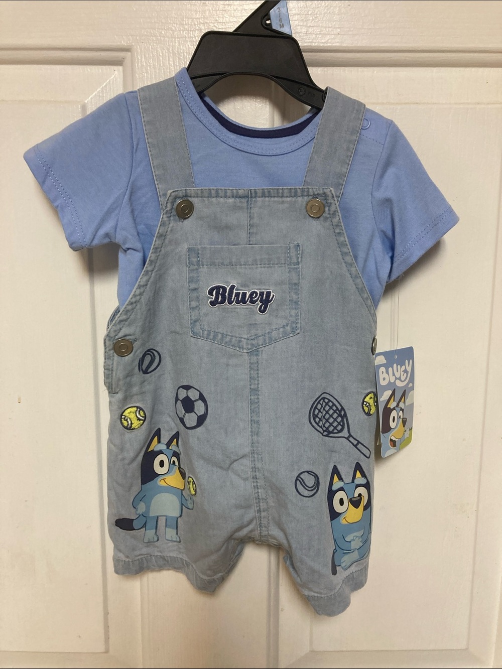 Bluey Light Blue Denim-Style Overalls-and blue tee
for Kids
